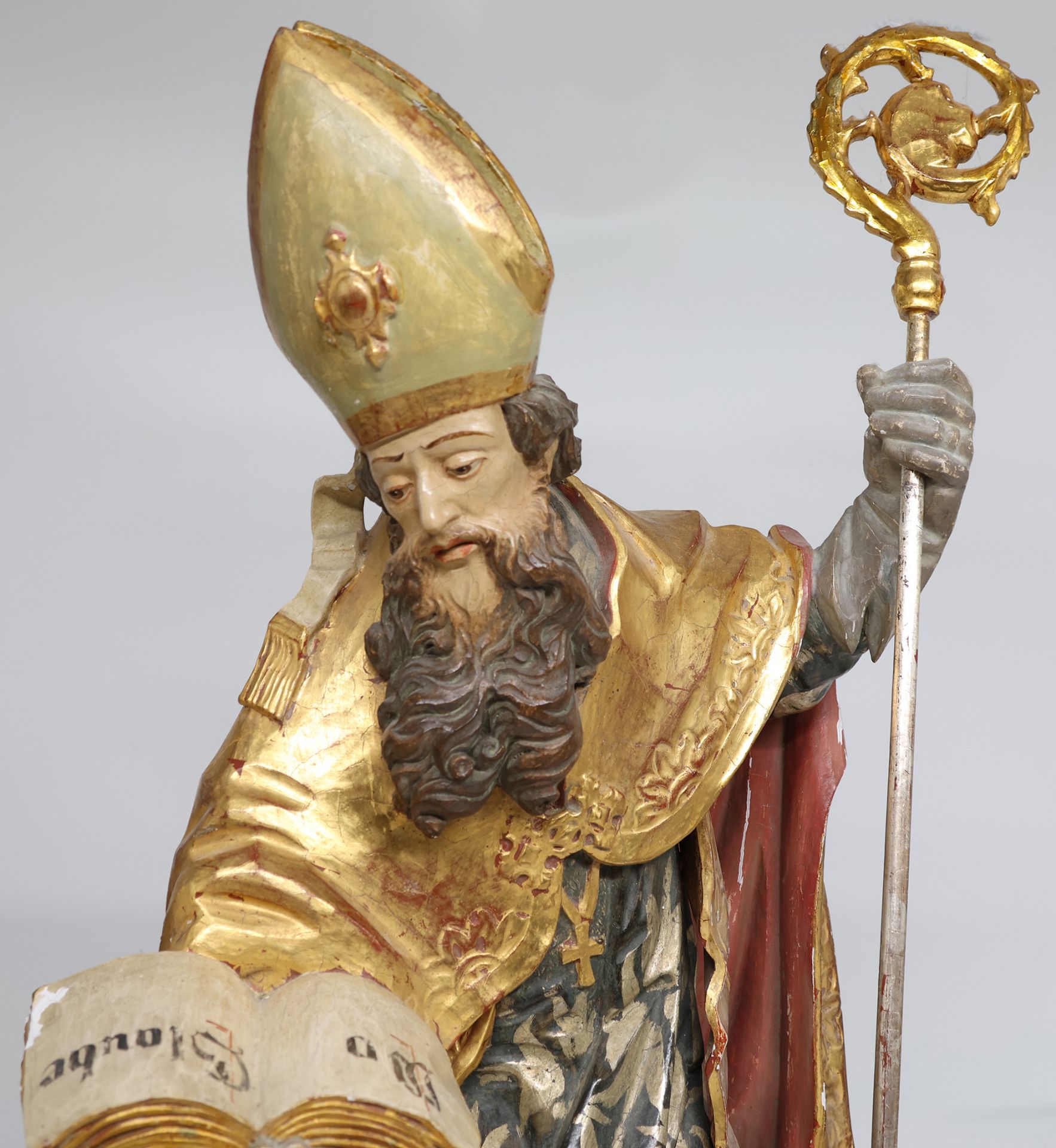 Heiliger Nikolaus, Holz, Oberammergau Schnitzerei, Altersspuren, H 77,5 cm. Saint Nicholas, wood, - Bild 3 aus 4