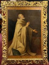 Unbekannter Künstler, sehr großes Gemälde, Heiliger Bischof, knieend, eine Mitra am unteren Bildrand