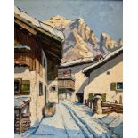 Otto ACKERMANN-PASEGG (1882-1959), Häuserzeile im Schnee, im Hintergrund die Berge, signiert und