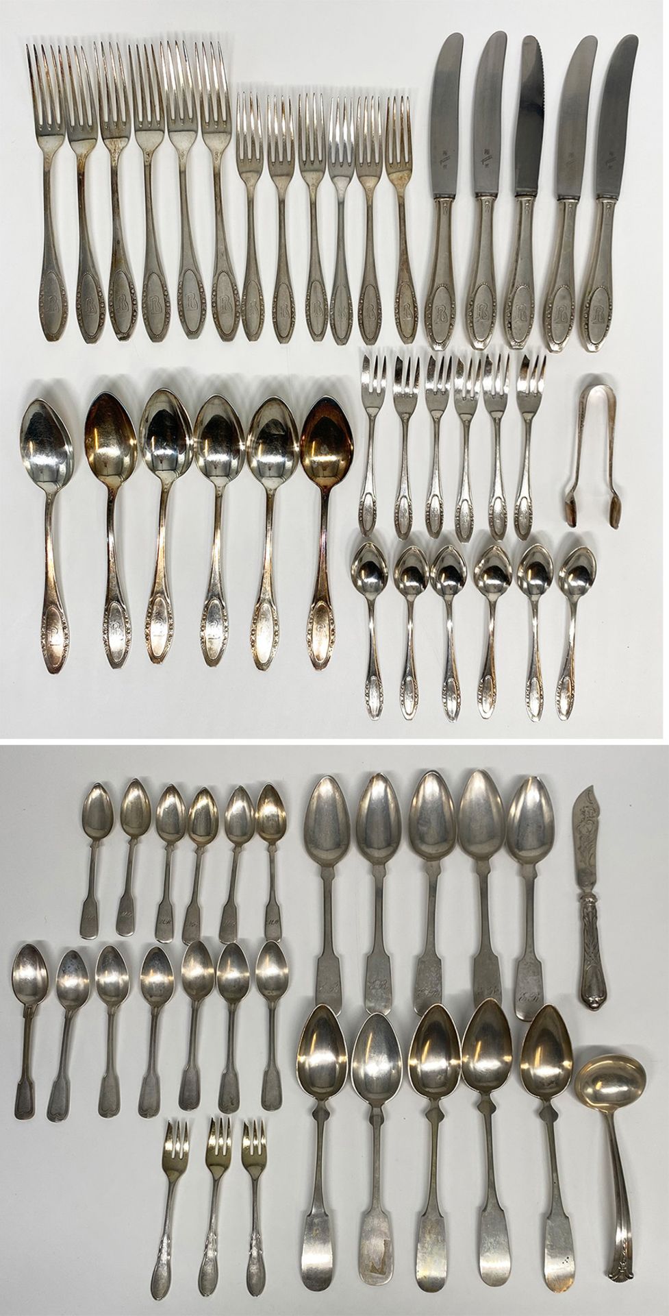Konvolut Silber: Besteck-Set aus 5 Messern, 6 Gabeln, 6 Löffeln, 6 kleinen Gabeln, 6 Kuchengabeln, 6