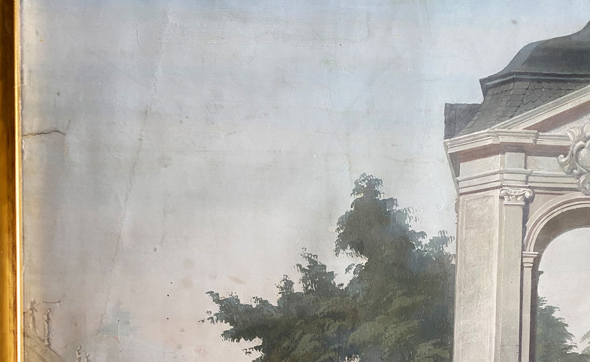 Unbekannter Maler, 19. Jh., Architekturkulisse, Gartenanlage eines Schlosses, Altersspuren, kleine - Bild 2 aus 2