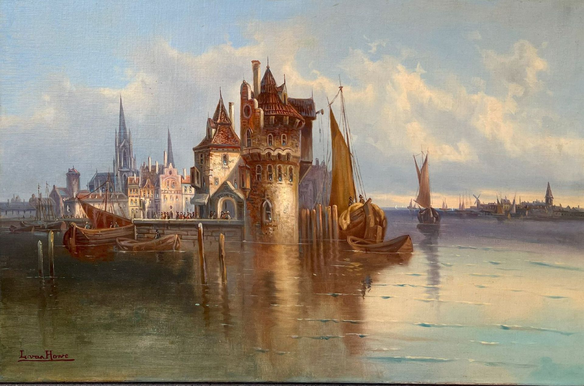 Karl Kaufmann mit Künstlernamen L. van Hove, Holländische Landschaft mit Blick auf Segelboote in
