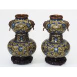 Antikisierendes Emaille-Vasenpaar mit Ringhandhaben auf Rosenholzsockel.