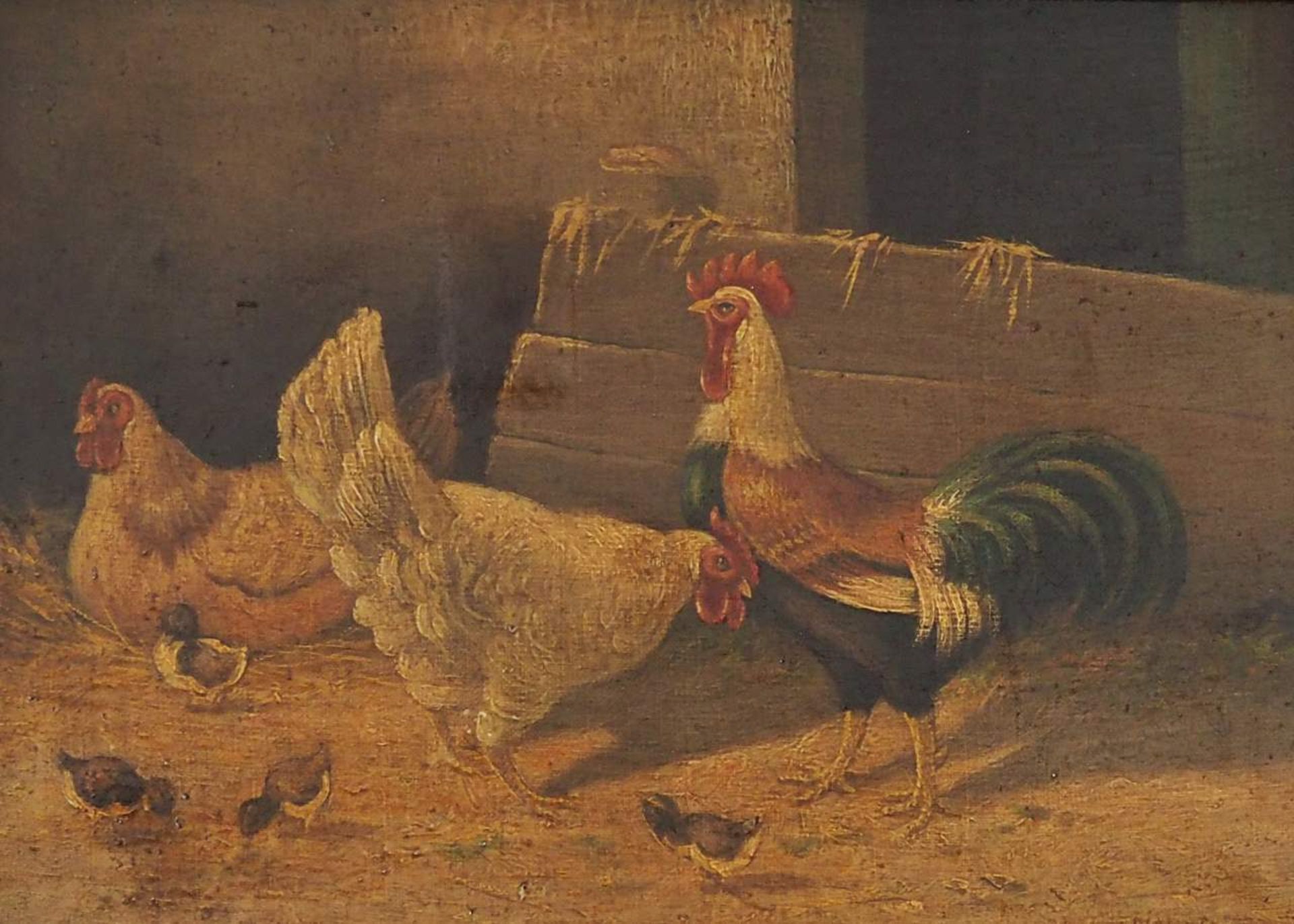 Federvieh im Stall, stolzer Hahn mit zwei Hennen und Küken, 19. Jahrhundert. - Image 2 of 5