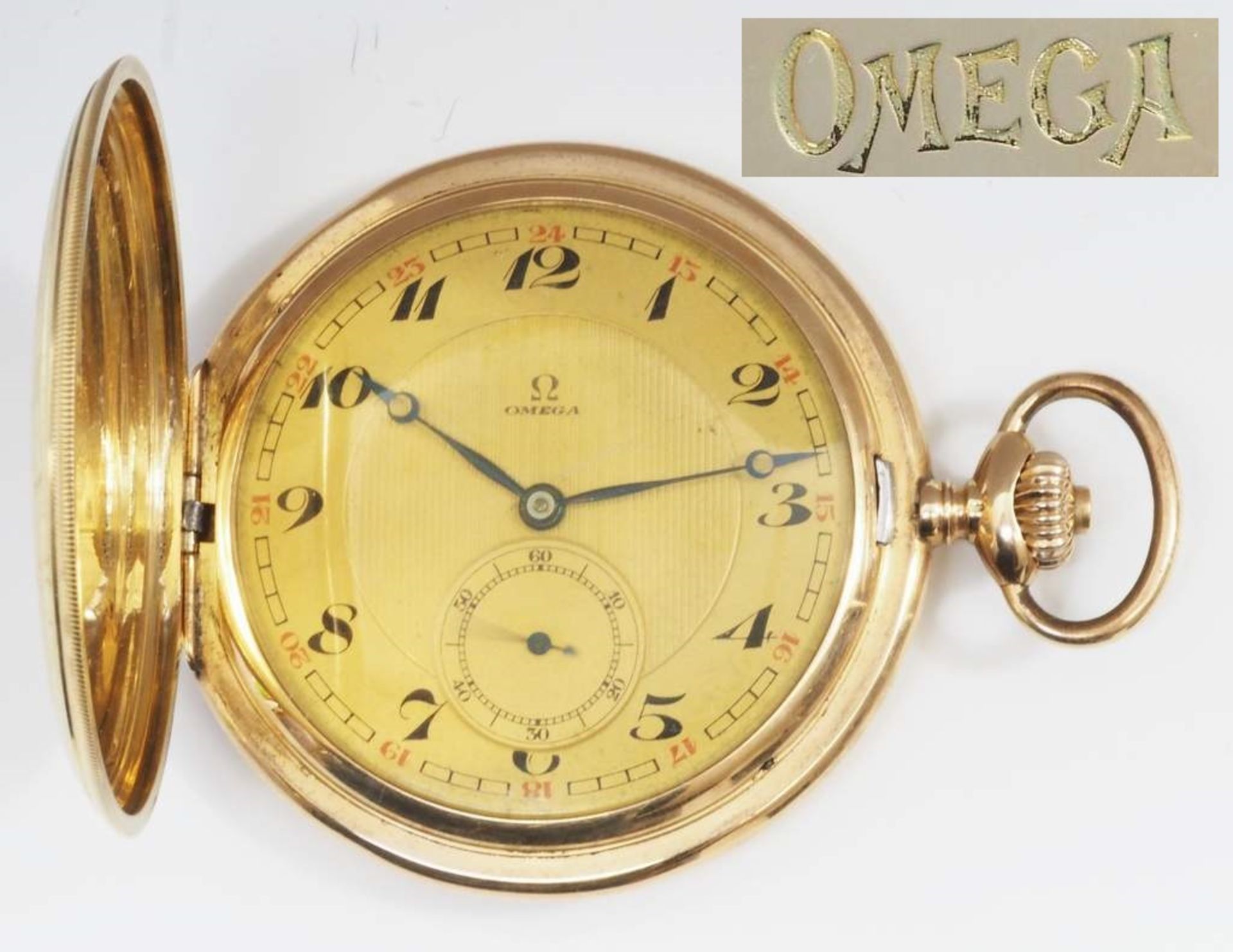 Savonette Taschenuhr OMEGA, 585er Gold, alle Deckel Gold.