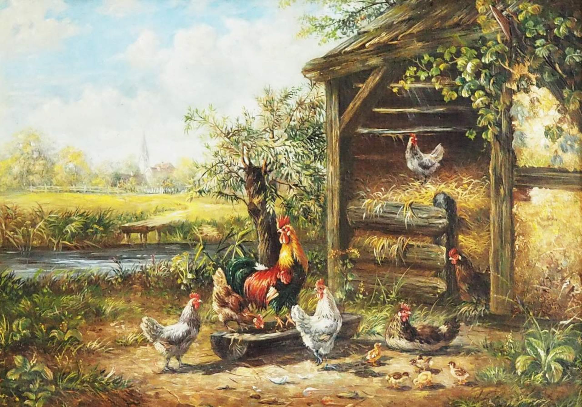 BEIl, Karin. Hahn mit seinen Hennen und Küken vor Stall - Image 2 of 5