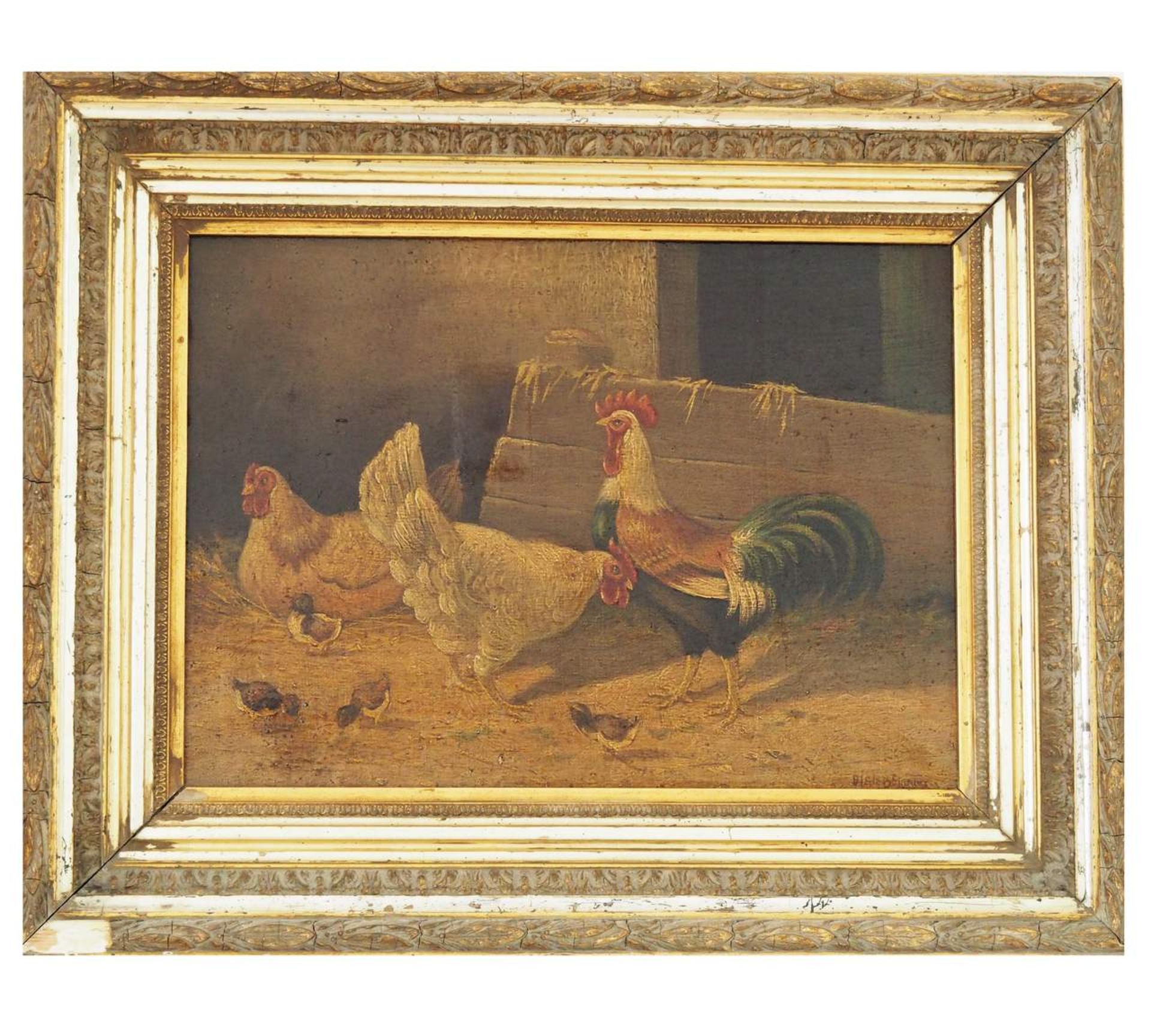 Federvieh im Stall, stolzer Hahn mit zwei Hennen und Küken, 19. Jahrhundert - Bild 3 aus 5
