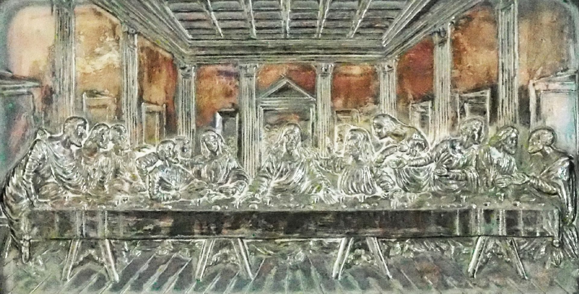 Relief auf Metallplatte: Das letzte Abendmahl. Nach  Leonardo da Vinci.    