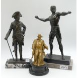 4 Figuren Metall, Galvano u.a., "Der Alte Fritz", "Athlet" u.a., jew. mit Marmorsockel, 