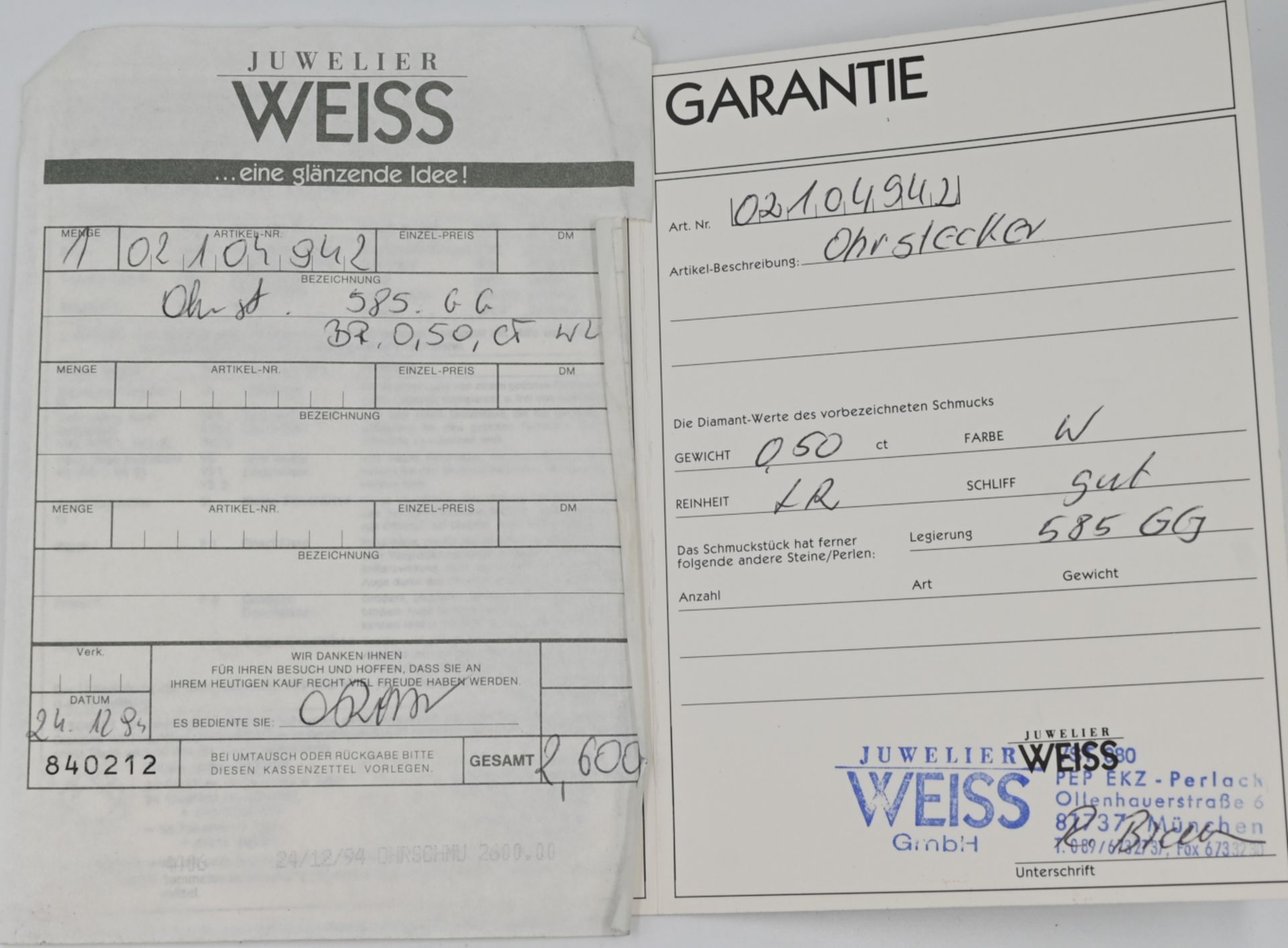 1 Paar Ohrstecker GG 14ct., je mit Solitärbrillant, lt. Garantieschein: gekauft 1994 Juwelier Weiss - Bild 2 aus 2