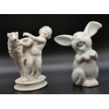 2 Figuren Porzellan ROSENTHAL (20.Jh.), "Putto mit Windspiel"/ "Lachender Hase", jew. Entwurf Max He