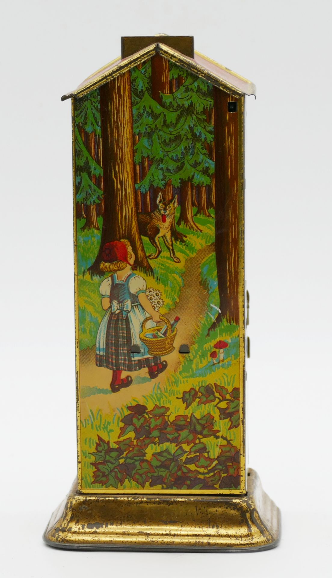1 Spar-Schokoladen-Automat STOLLWERCK lithographiertes Blech "Rotkäppchen und der Wolf" ca. H 16cm,  - Bild 3 aus 4