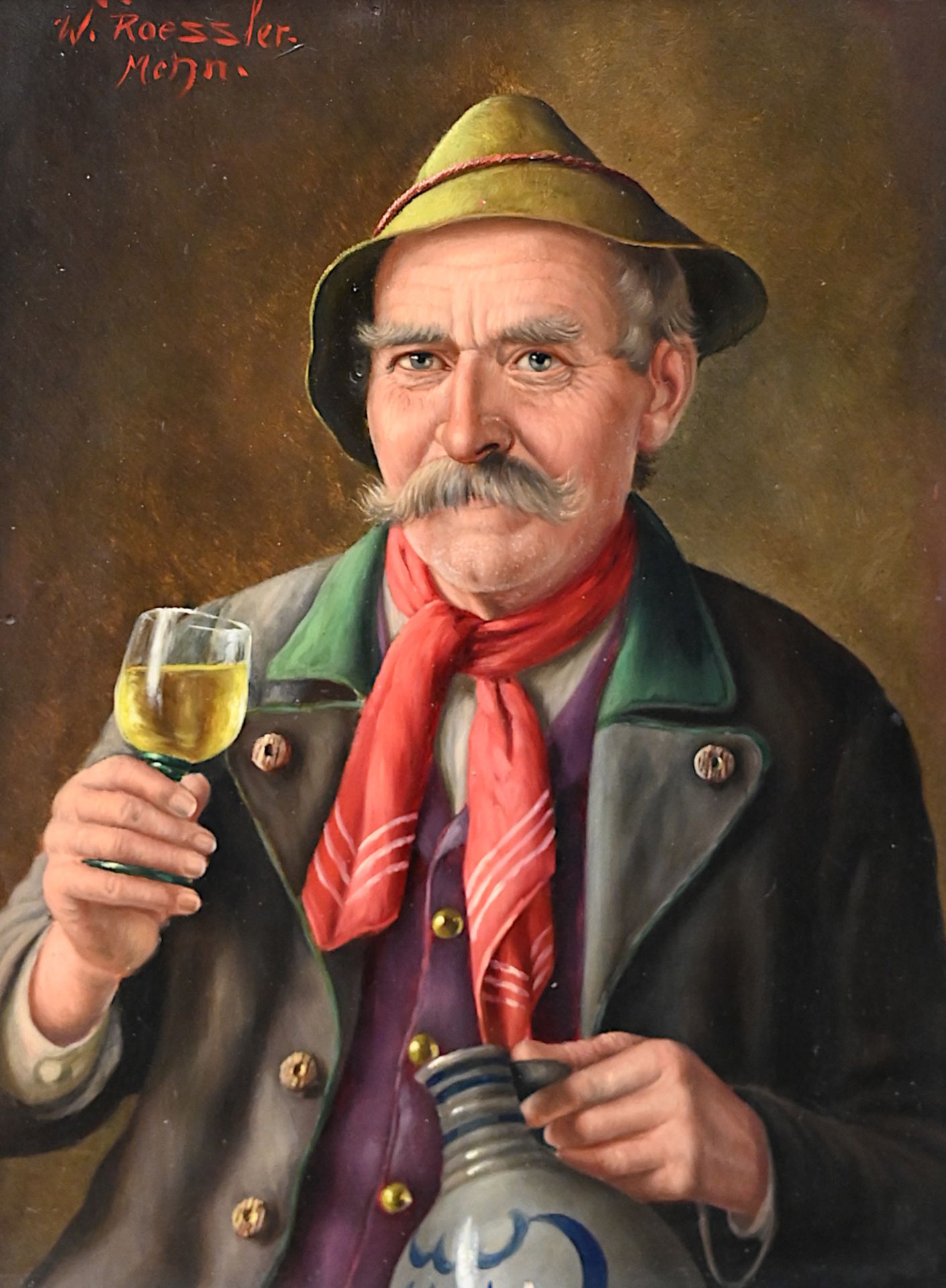 1 Ölgemälde l.o. sign. W. ROESSLER (wohl Walter R. 1893 München-1960 ebd.) "Bauer mit Weinglas"