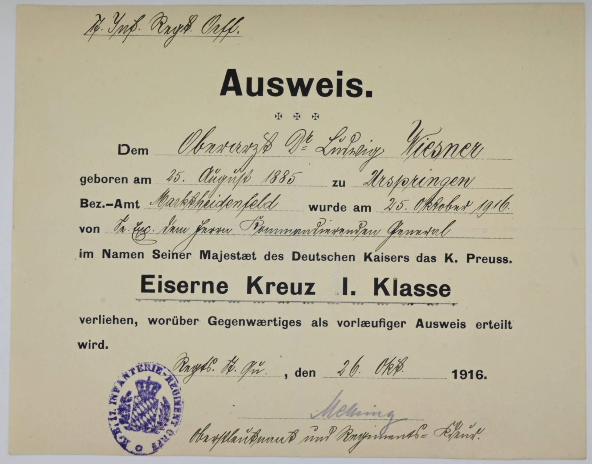 1 Ordensnachlasss des Oberstarztes Dr. Ludwig WIESNER (wohl *1885) des K. Bayer. 17. Infanterie-Regi - Bild 13 aus 20