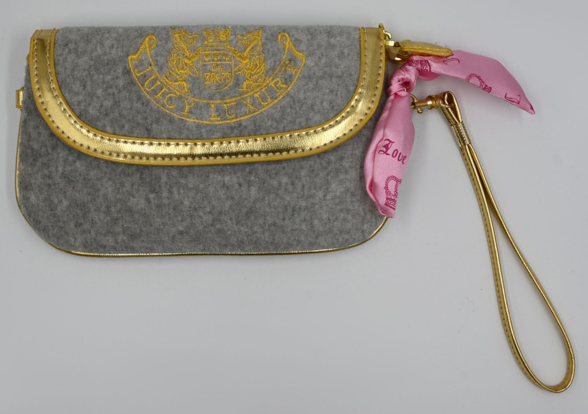 1 Mäppchen/Umhängetasche, Textil JUICY Luxury, grau/gold, 11,5cm x 19,5cm, min. Tsp.