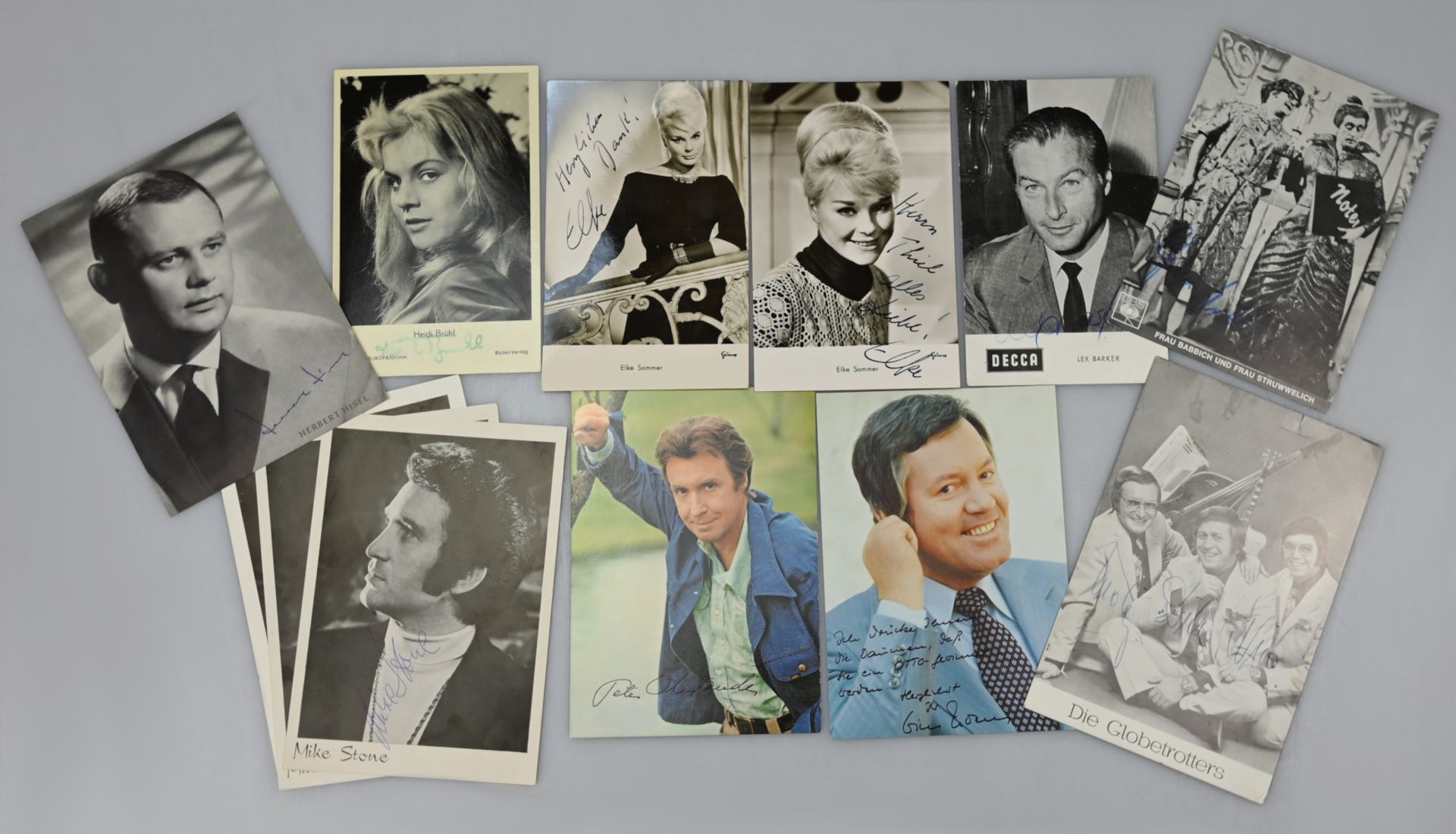 12 Autogrammkarten mit Originalunterschriften von Elke SOMMER, Mike STONE, Lex BARKER, Heidi BRÜHL, 