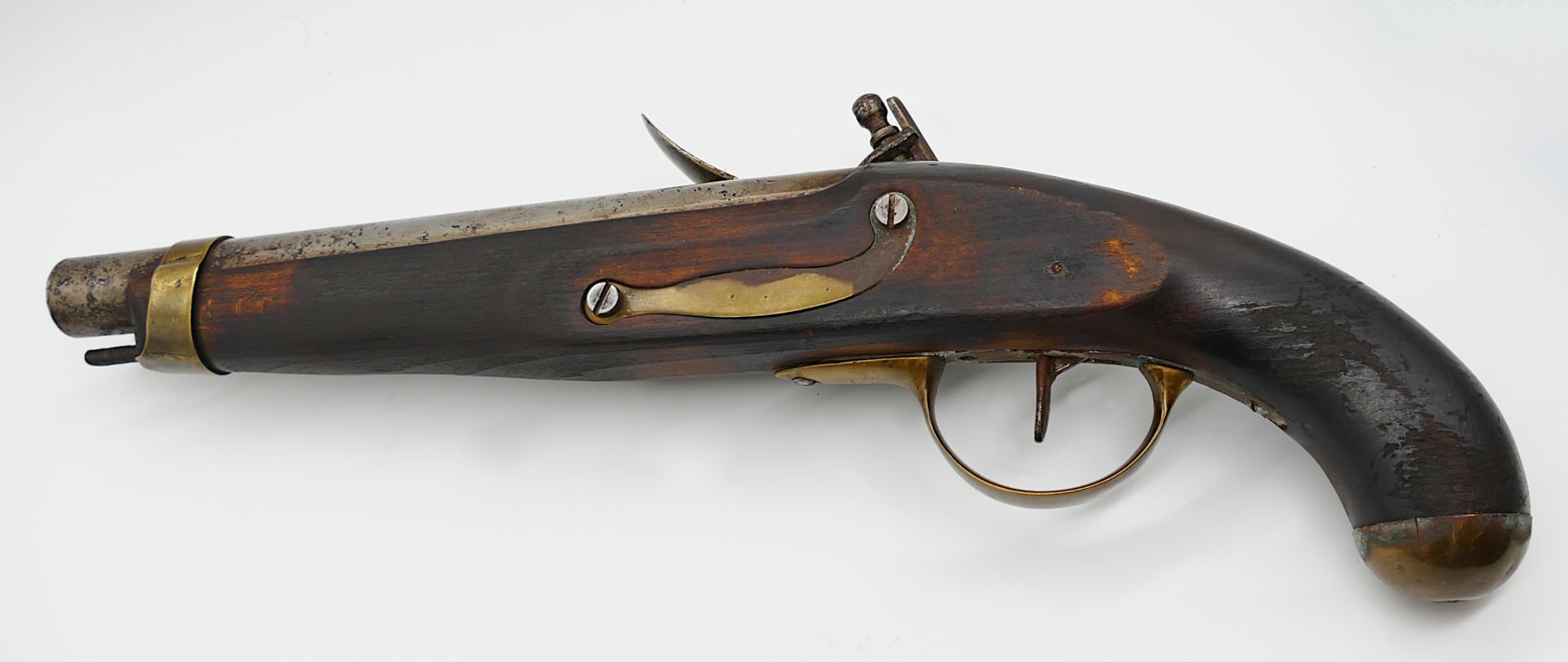1 Steinschlosspistole wohl 19. Jh. Holz mit Messing-/Metallappliken, ca. L 43cm, z.T. besch. (Rost, - Image 4 of 4