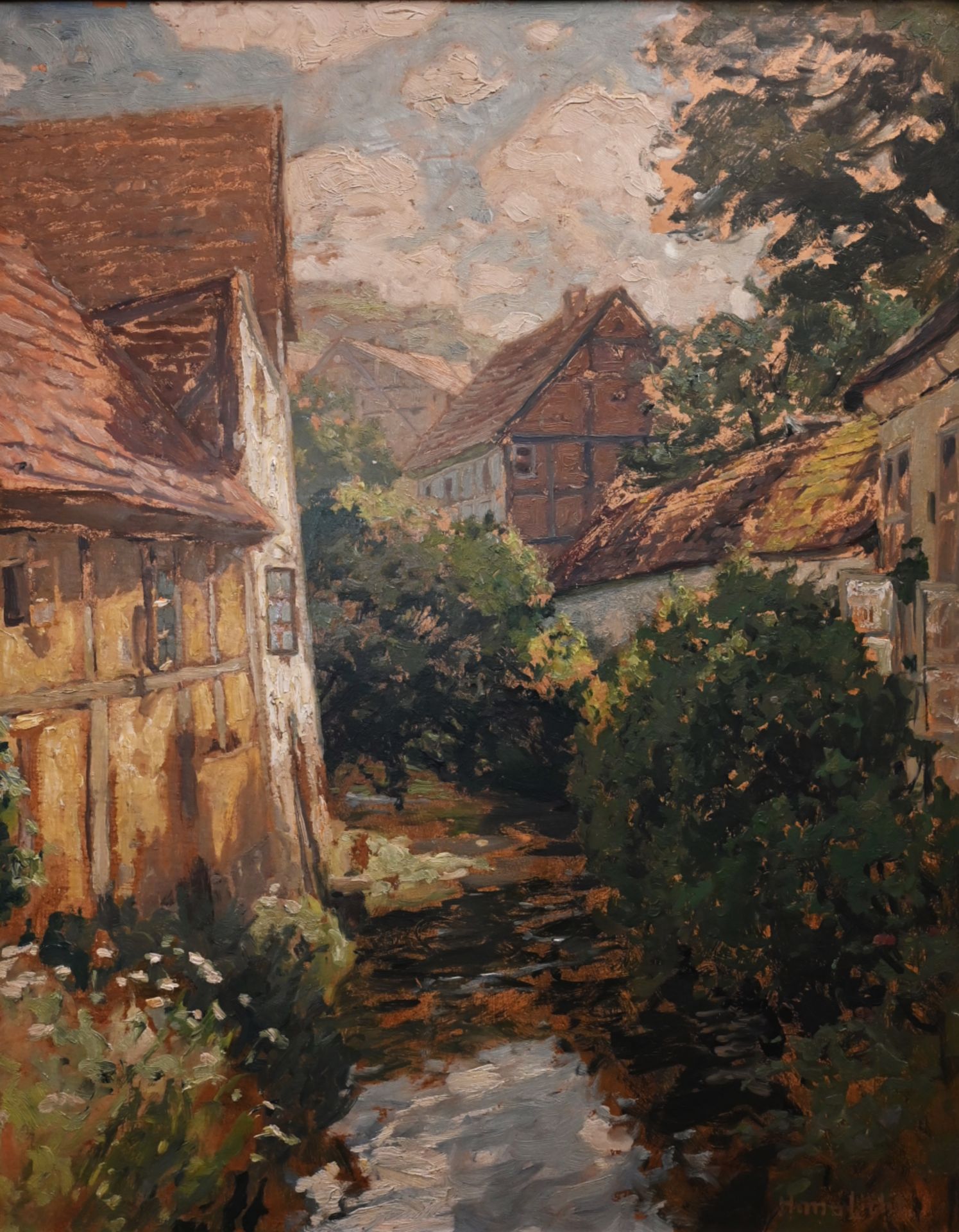 1 Ölgemälde/Ölstudie r.u. sign. Hans LICHT (wohl 1876 Berlin-1935 ebd.) "Fachwerkhäuser am Fluss"