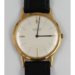 1 Armbanduhr BLANCPAIN, undeutl. gestempelt, wohl GG, Handaufzug, Uhr läuft an, D. ca. 3,3cm, Lederb