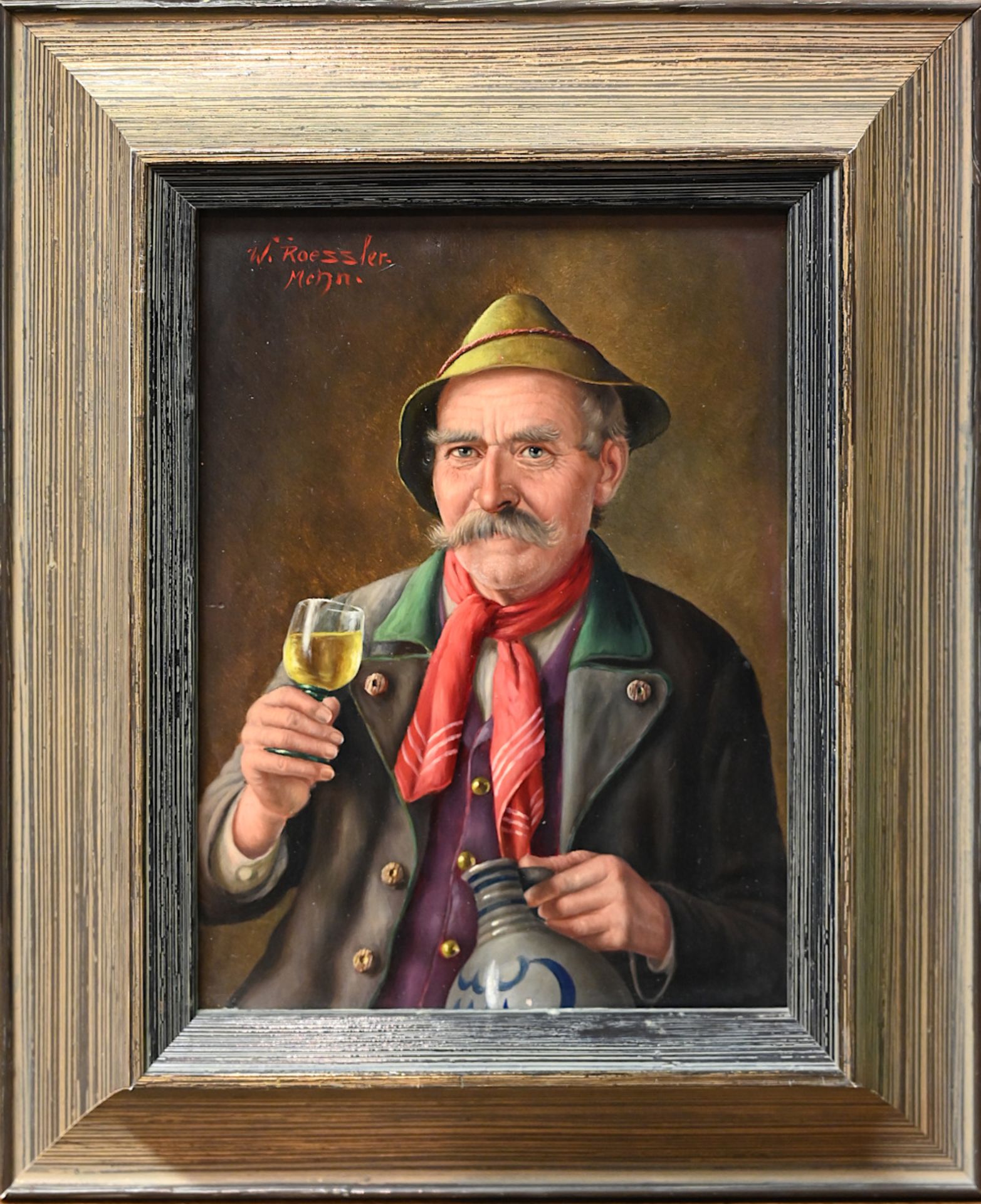 1 Ölgemälde l.o. sign. W. ROESSLER (wohl Walter R. 1893 München-1960 ebd.) "Bauer mit Weinglas" - Image 2 of 4