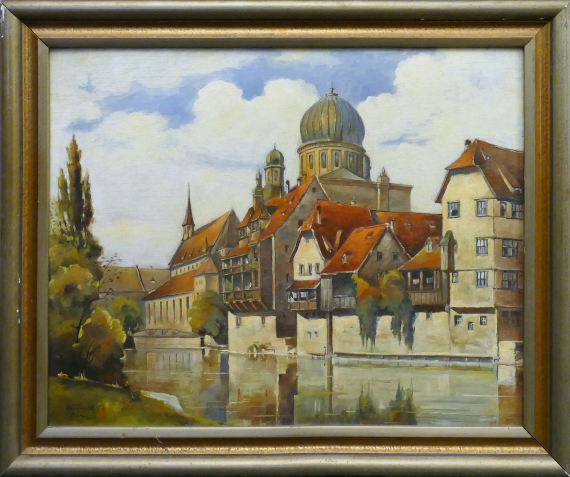 1 Ölgemälde l.u. sign. HUNOLD (20.Jh.), Alt-Ansicht von Nürnberg mit Insel Schütt und Synagoge", - Image 2 of 5