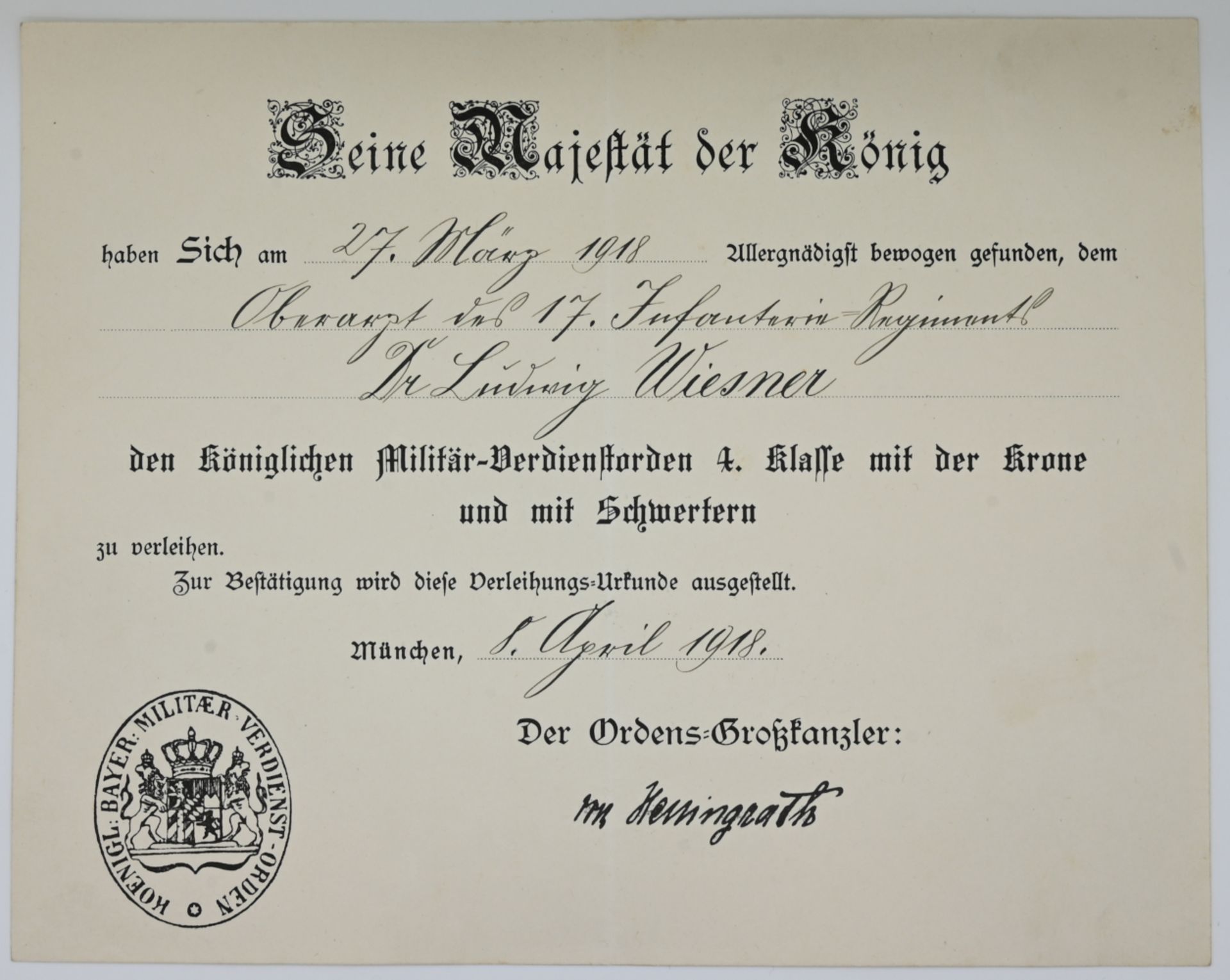 1 Ordensnachlasss des Oberstarztes Dr. Ludwig WIESNER (wohl *1885) des K. Bayer. 17. Infanterie-Regi - Bild 14 aus 20