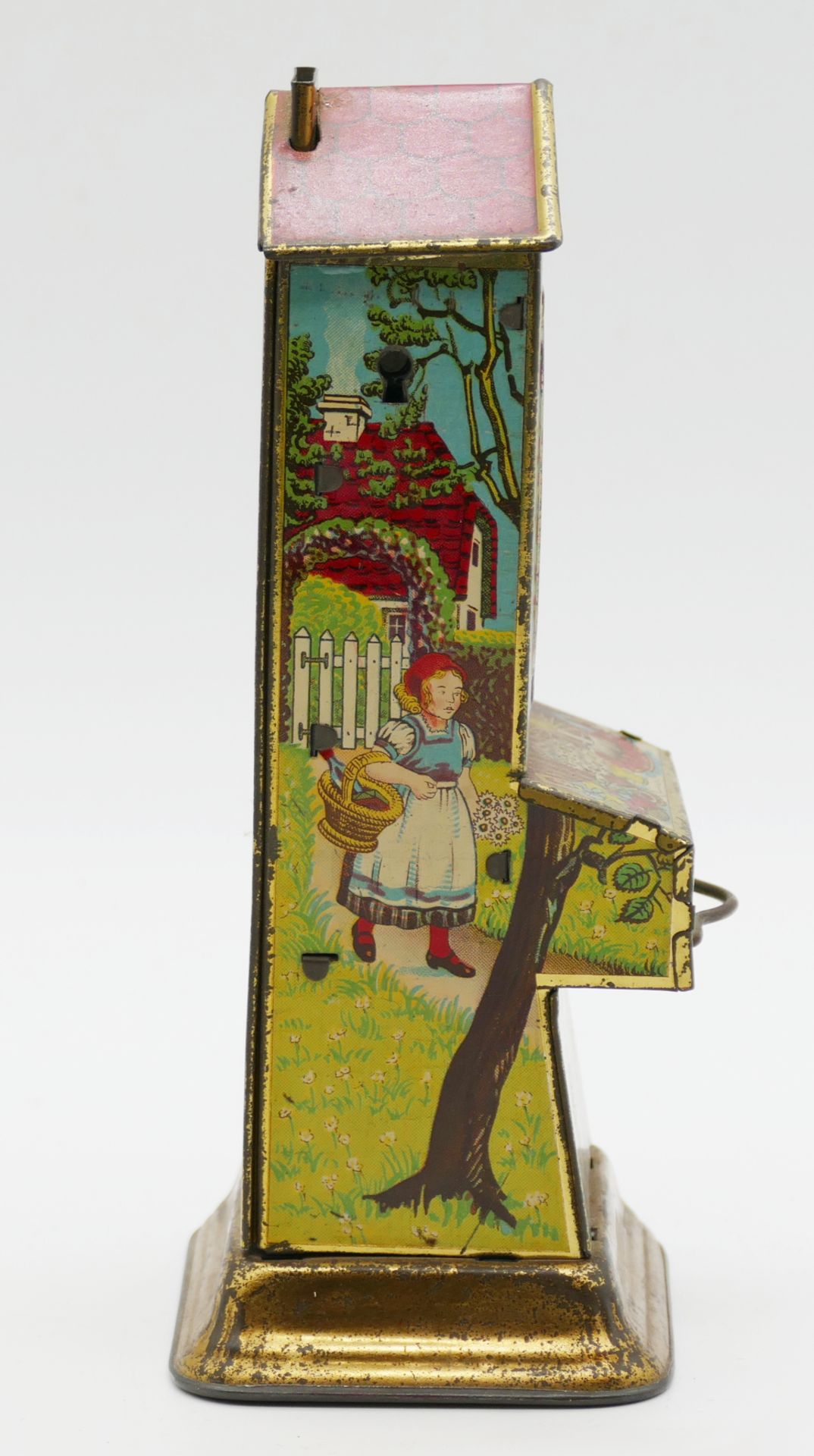 1 Spar-Schokoladen-Automat STOLLWERCK lithographiertes Blech "Rotkäppchen und der Wolf" ca. H 16cm,  - Bild 2 aus 4