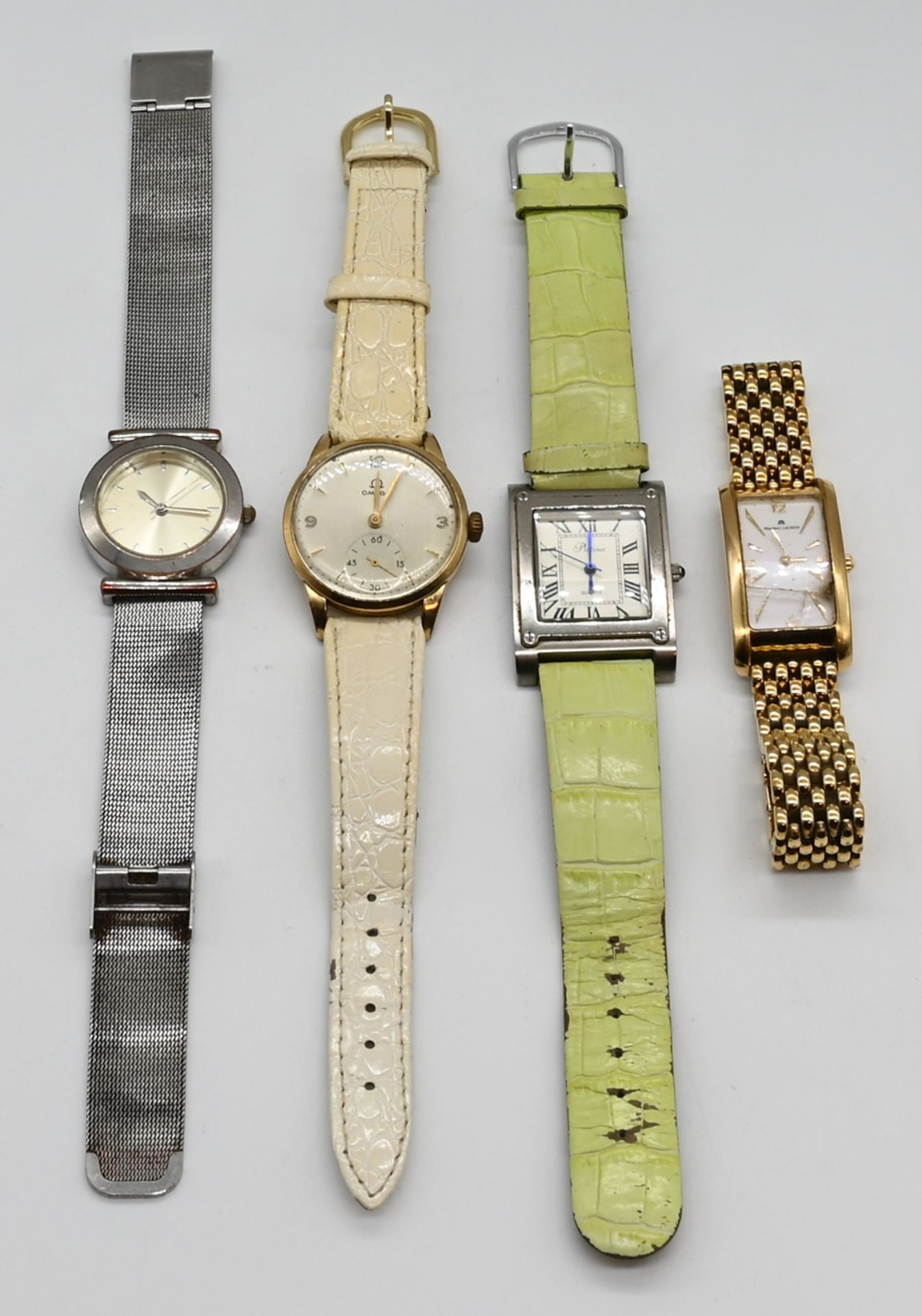 1 Armbanduhr OMEGA Gehäuse vergoldet sowie 3 Armbanduhren (1x Maurice LACROIX), je Asp./Tsp./z.T. be