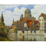 1 Ölgemälde l.u. sign. HUNOLD (20.Jh.), Alt-Ansicht von Nürnberg mit Insel Schütt und Synagoge",