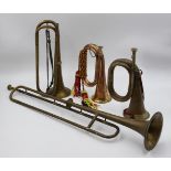 4 Blechblasinstrumente: 1 Fanfare MEINEL & HEROLD Klingenthal i. Sa. ca. L 81cm, 3 Signalhörner davo