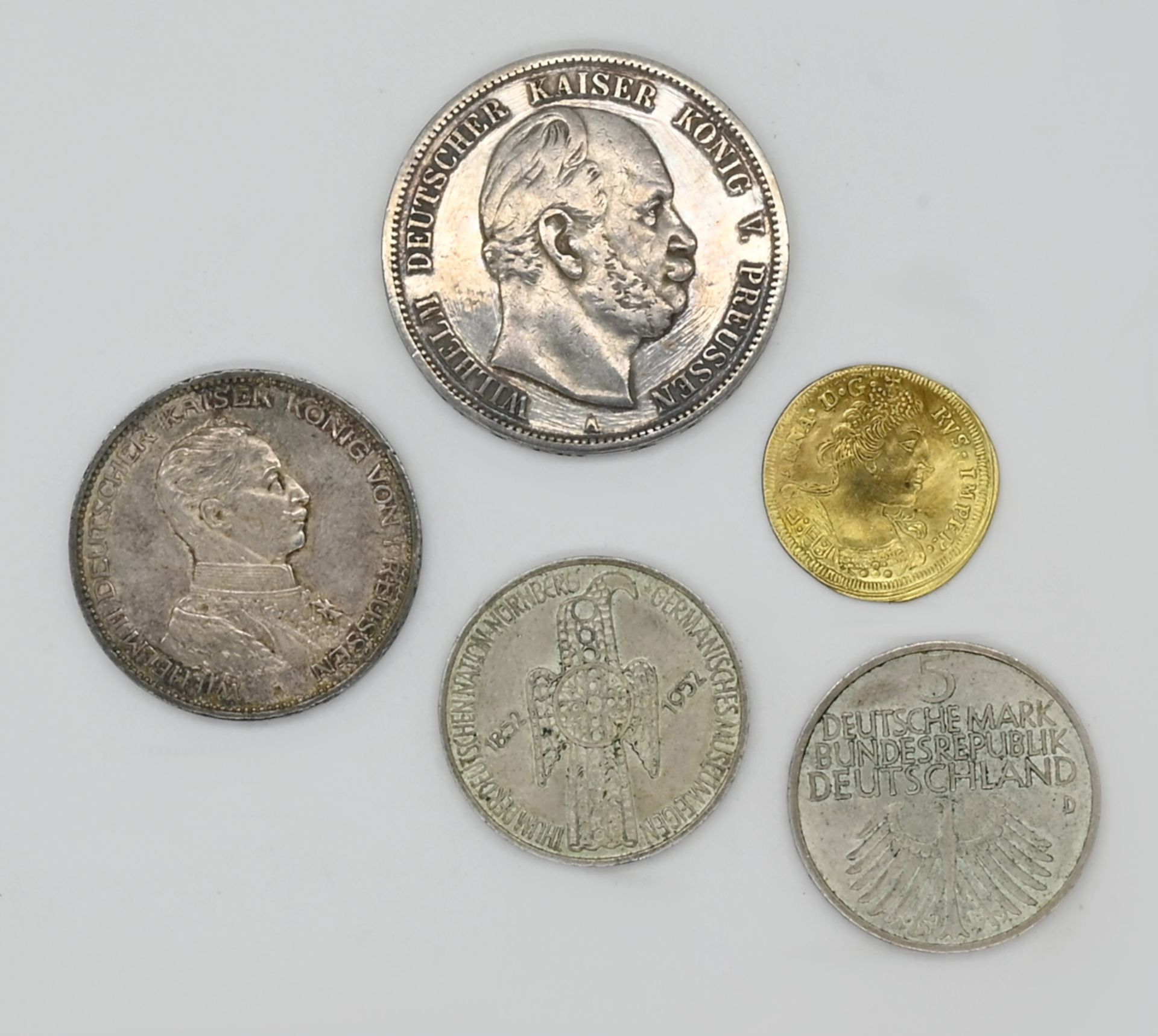 1 Konv. Münzen/Medaillen: Silber/Metall, z.T. vergoldet, z.B. Dt. Reich 3/5 Mark (1914/1878), BRD, 5