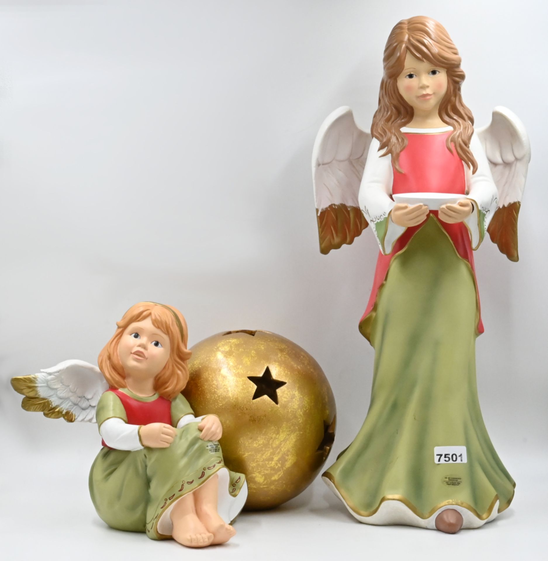 2 Gartenfiguren GOEBEL je Kunststein (frostsicher), "Engel mit Schale" ca. H 65cm, "Engel mit Kugell
