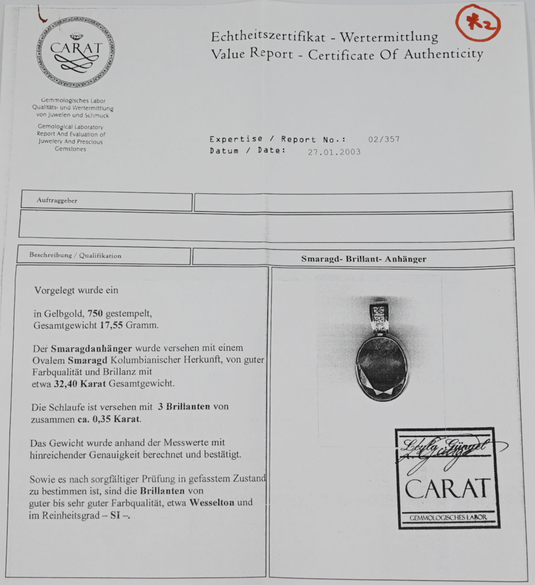 1 Anhänger/-clip GG 18ct., lt. Zertifikat (Kopie): mit ovalem Smaragd (Kolumbien), - Image 3 of 3