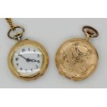 2 Damentaschenuhren je GG 14ct., je um 1900, z.T. mit Monogramm, je graviert und ziseliert, mit eine