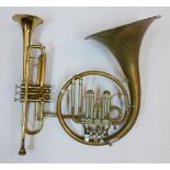 2 Blechblasinstrumente: 1 Trompete Messing num. "R6638" L mit Mundstück ca. 54,5cm, 1 Waldhorn Messi
