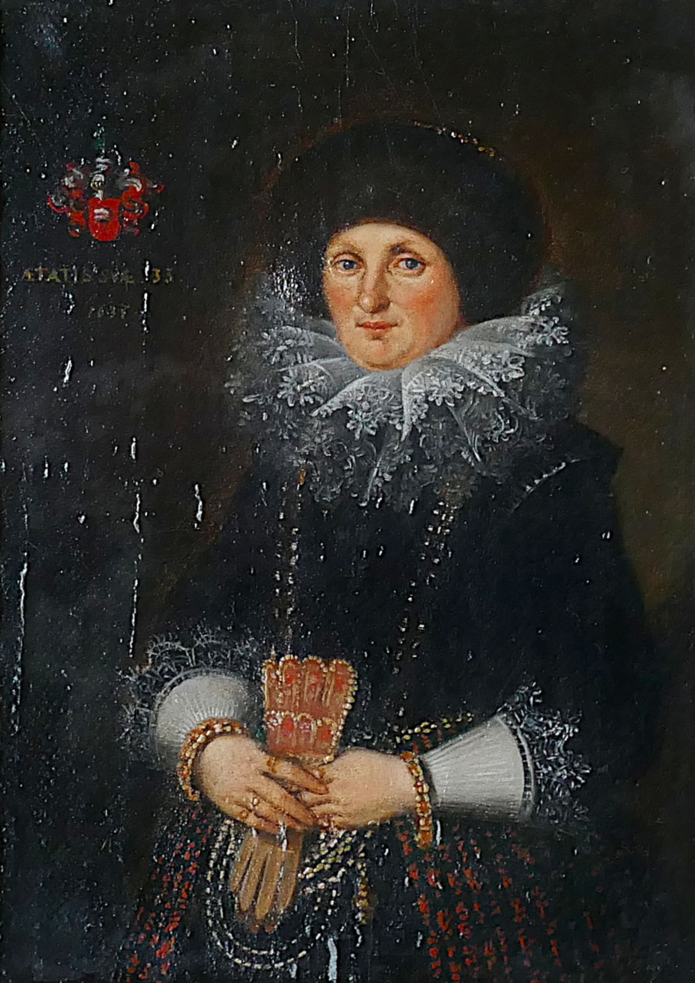 1 Ölgemälde „Portrait einer adeligen Dame mit Pelzmütze“ dat. 1637, ca. 20 cm x 16 cm mit Rahmen, As