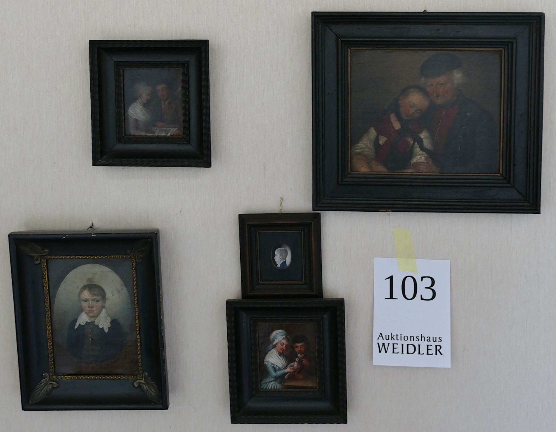 5 Ölgemälde / Miniaturen wohl 18./19. Jh., „Portraits“ u.a. versch. Größen bis ca. 27 x 30 cm, je As