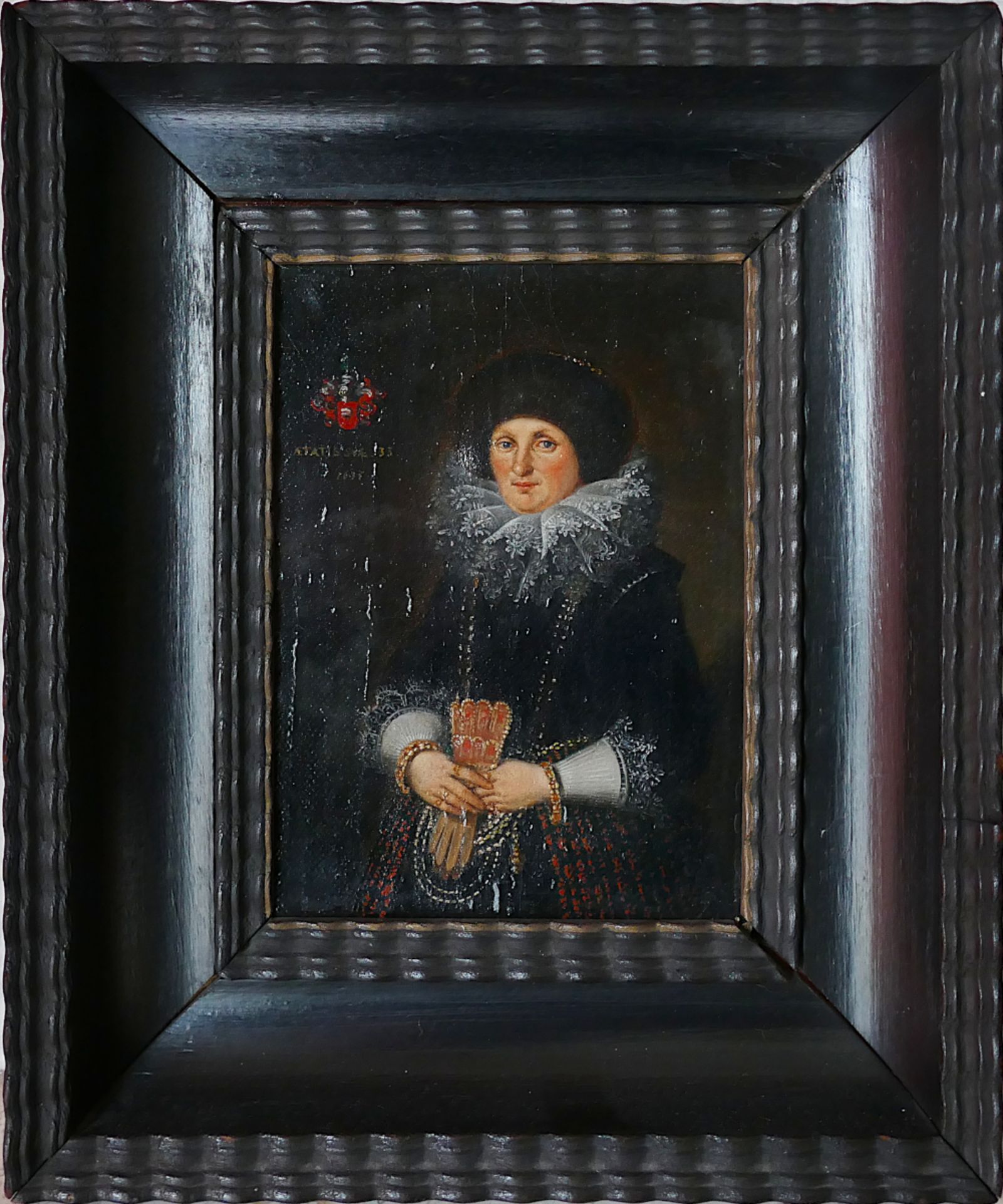 1 Ölgemälde „Portrait einer adeligen Dame mit Pelzmütze“ dat. 1637, ca. 20 cm x 16 cm mit Rahmen, As - Bild 2 aus 5