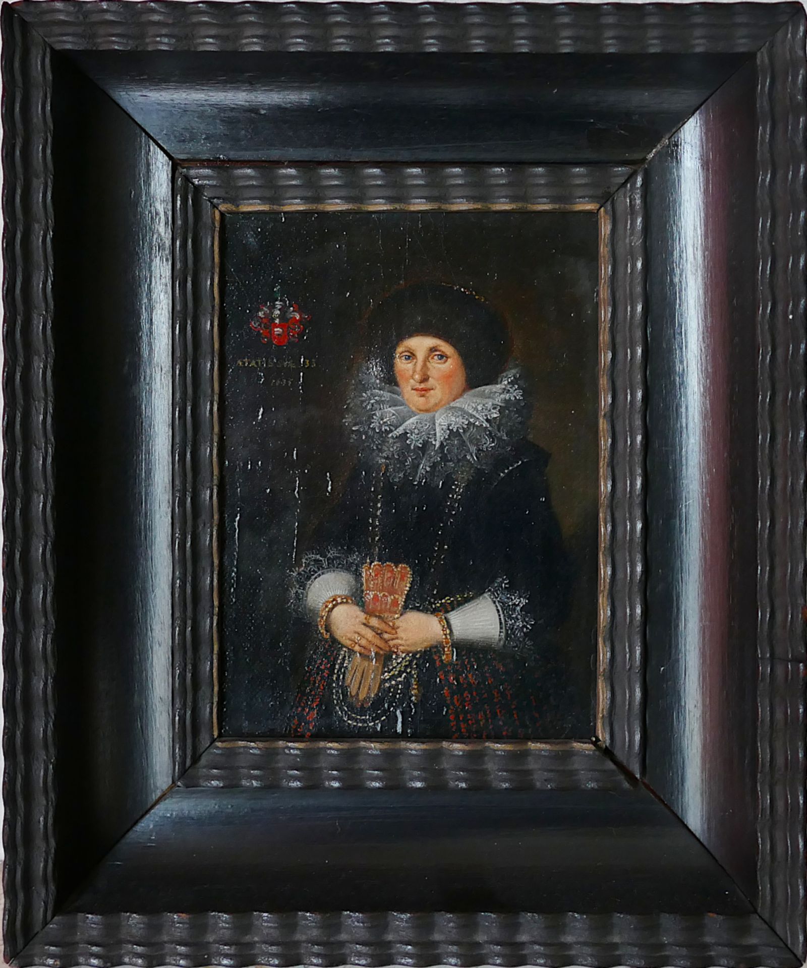 1 Ölgemälde „Portrait einer adeligen Dame mit Pelzmütze“ dat. 1637, ca. 20 cm x 16 cm mit Rahmen, As - Image 2 of 5