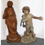 2 Holzfiguren: Mondsichel-Madonna und Putto, wohl 17. / 18. Jh, z.T. bemalt, Teile fehlen/besch.,