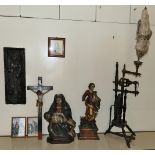 1 Posten Skulpturen, Holz / Gips u.a. Pieta, Hl. Lukas, Kruzifix, Spinnrad u.a. wohl 18.-20.Jh., je