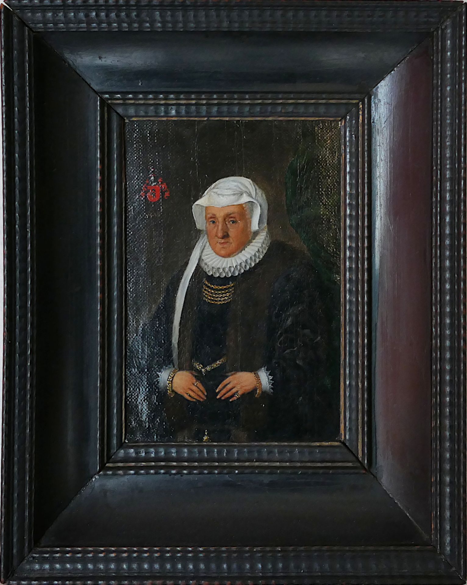 1 Ölgemälde „Portrait einer älteren adeligen Dame“, dat. 1636, ca. 20 cm x 17 cm mit Rahmen, Asp. - Bild 2 aus 5