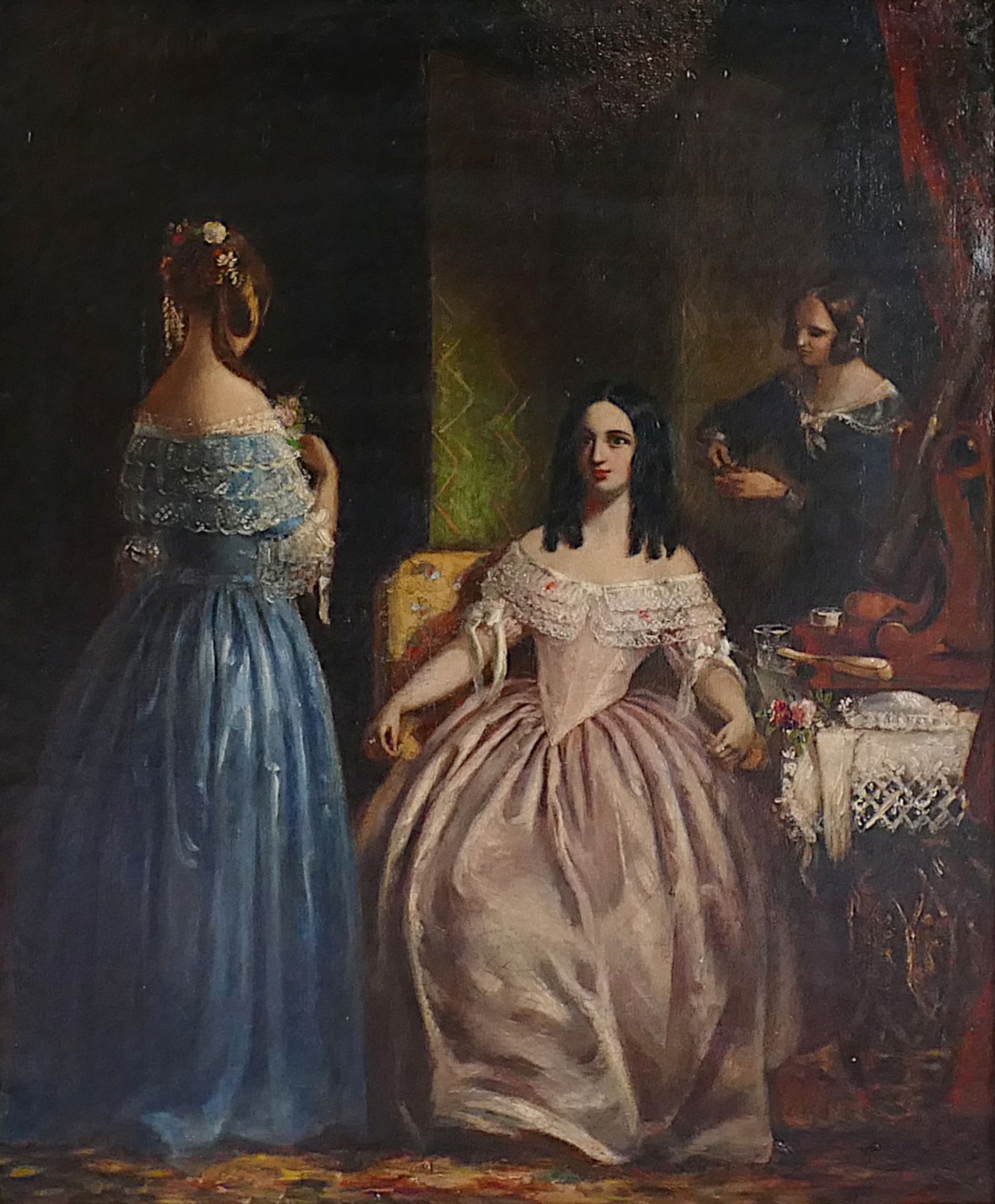 1 Ölgemälde l.o. sign. S. Randolph „Damen-Trio“, doubliert, ca. 51 x 48 cm mit Rahmen, Asp.