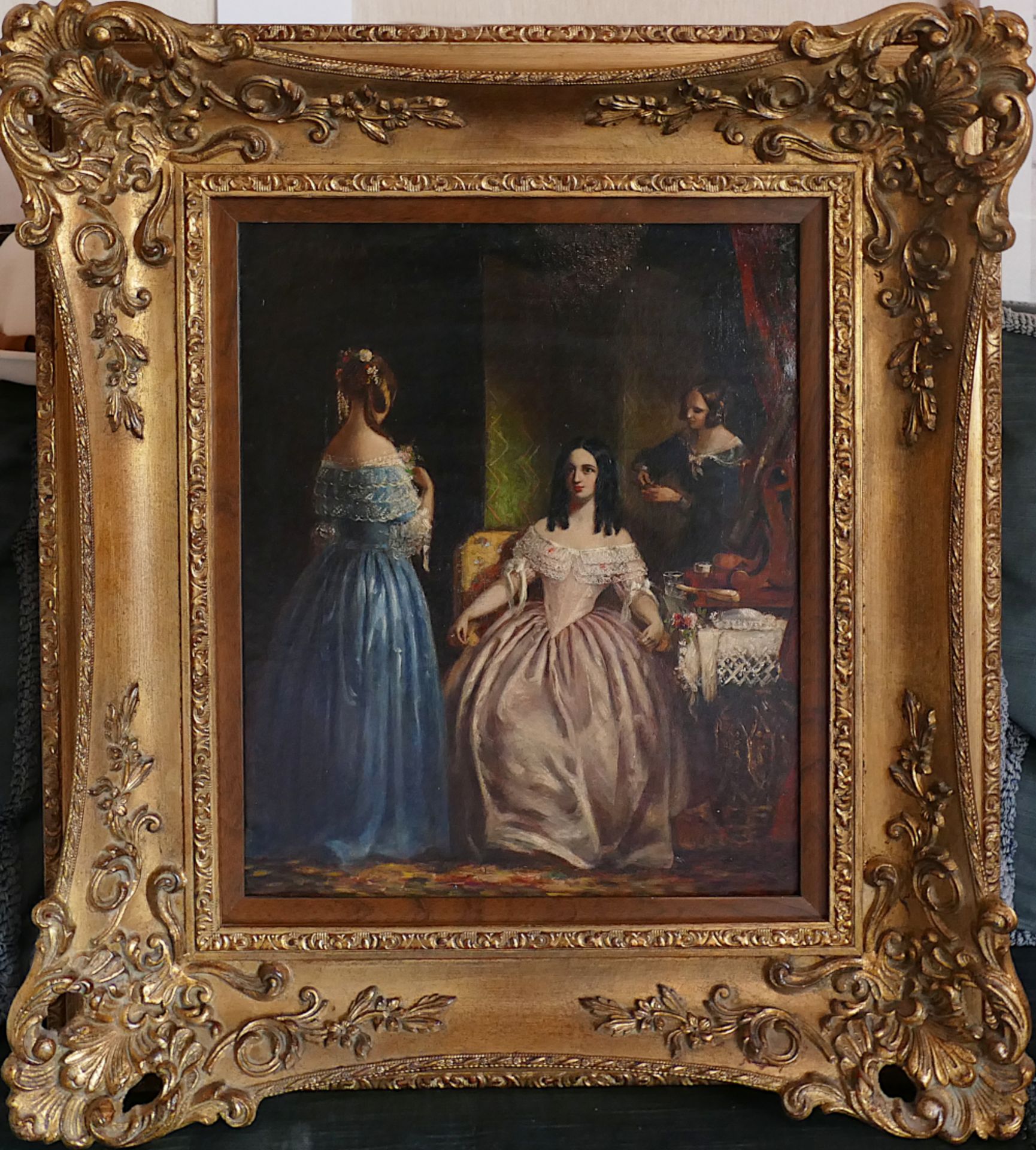 1 Ölgemälde l.o. sign. S. Randolph „Damen-Trio“, doubliert, ca. 51 x 48 cm mit Rahmen, Asp. - Bild 2 aus 5