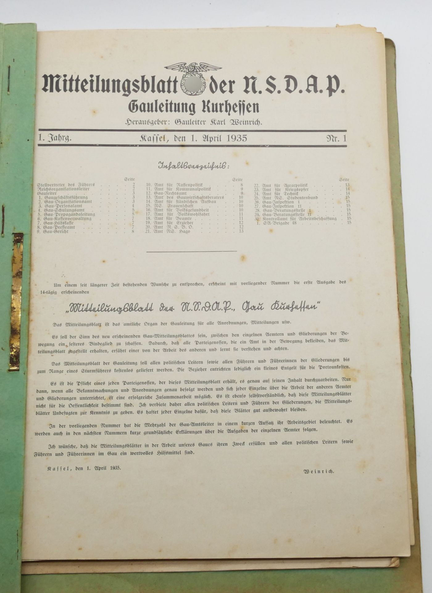 1 Konv.: 12x "Mitteilungsblatt der NSDAP/Gauleitung Kurhessen" Kassel 1935 Nr. 1-11 bzw. 1936 Nr. 1 