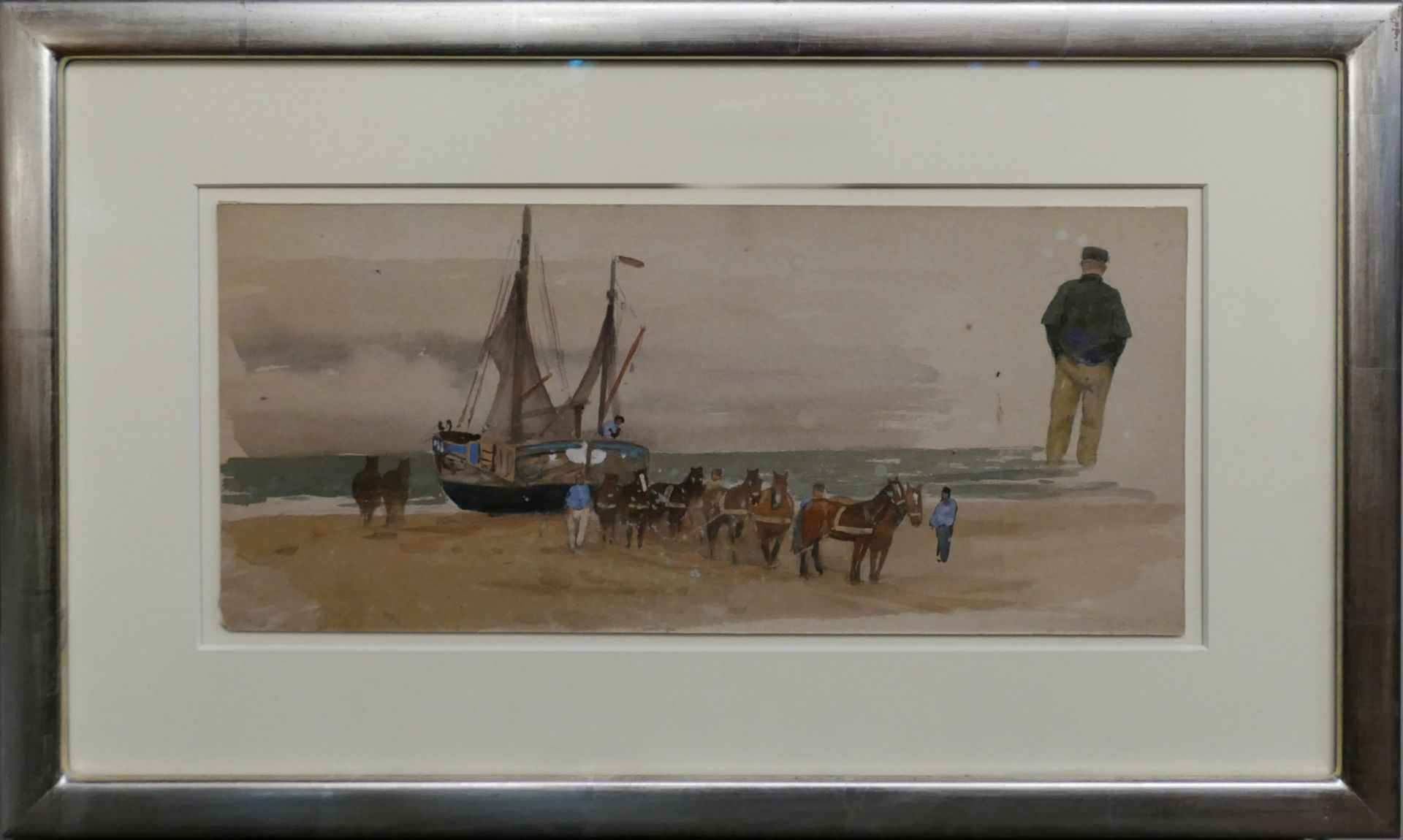 1 Aquarell/ Skizze unsign. "Fischerboot mit Pferdefuhrwerk und Personenstaffage am Strand", rücks. K - Image 2 of 2