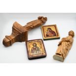 1 Konv. Holzdekorationsobjekte 20. Jh.: 12 Holzfiguren z. B. „Heilige Cäcilie“ ca, H 60cm, „Heilige