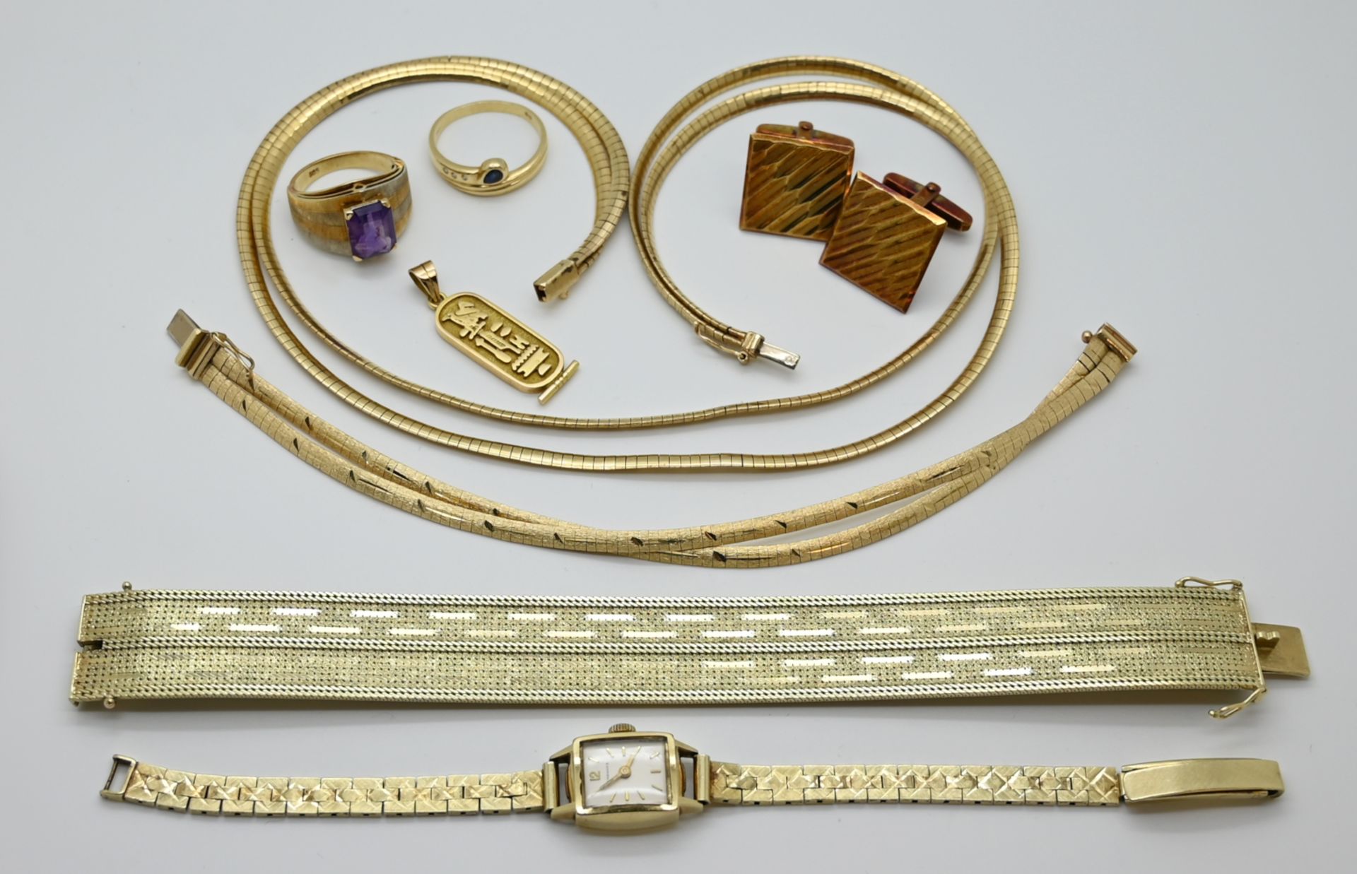 1 Konv. Schmuck: GG/WG/RG, 1 Armbanduhr JUNGHANS, je 14ct., z.T. mit Edelsteinen/kleinen Diamanten