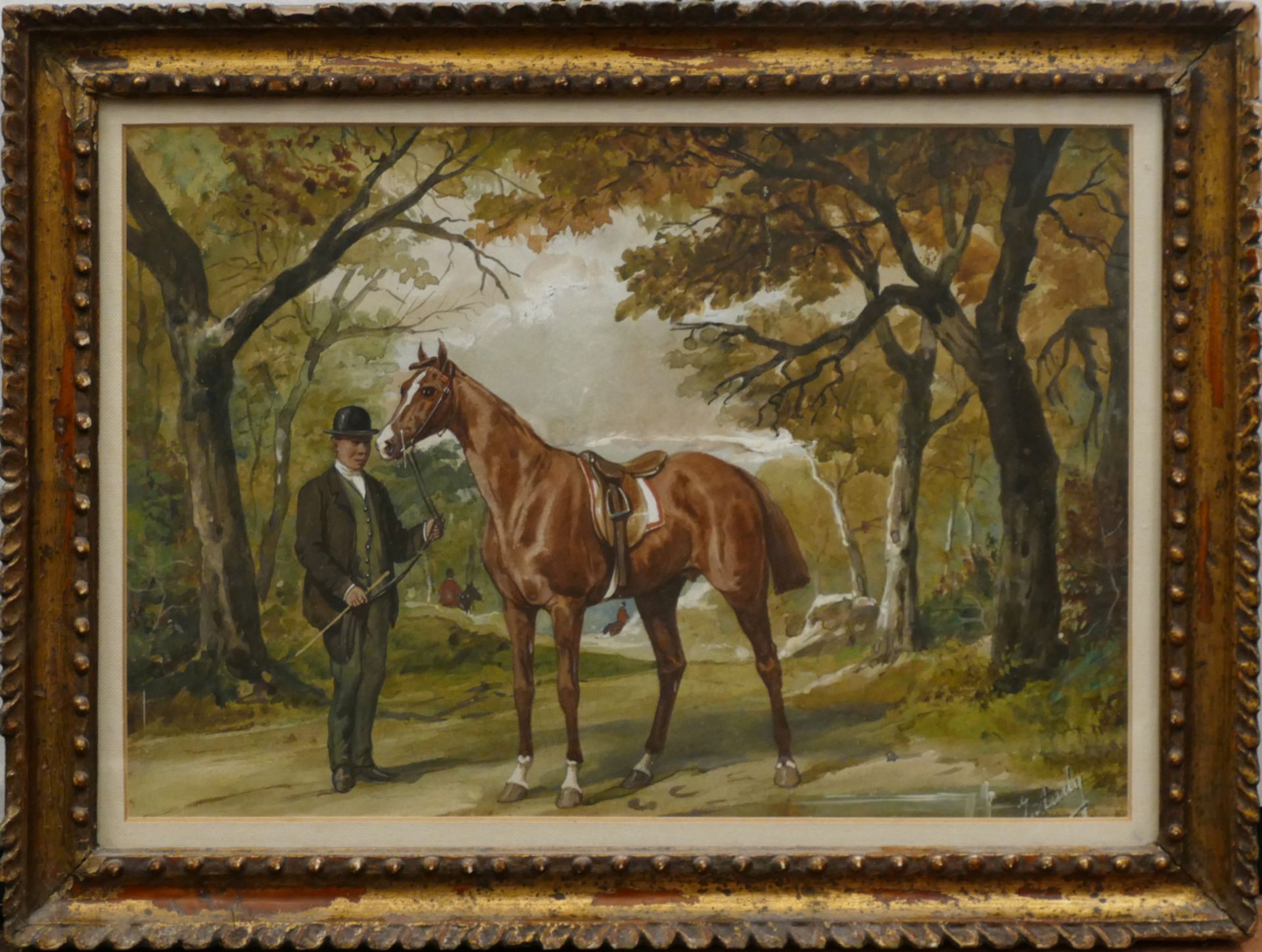 1 Aquarell J. AUDY (wohl Johnny A. activ 1850-1880) "Englischer Gentleman und sein Pferd" - Image 2 of 5