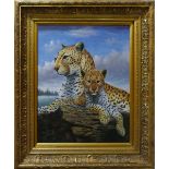 3 Ölgemälde nztl.: 1x unsign. "Leopardenmutter mit Jungem" Öl/Lwd. ca. 9x48,5cm, 1x r.u. sign. ROMEI